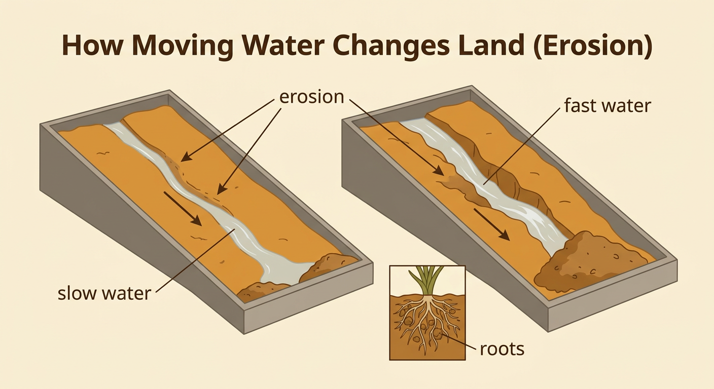 Two soil trays compare slow and fast water, with plant roots holding soil in place nearby.