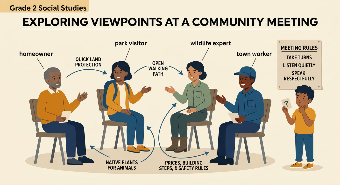 Four community members respectfully share different viewpoints at a riverbank planning meeting.