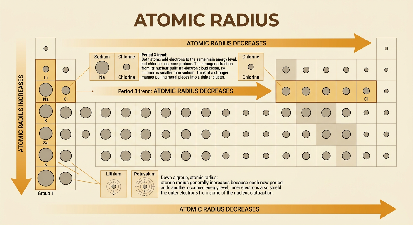 A periodic-table trend diagram compares the relative sizes of sodium, chlorine, lithium, and potassium with directional arrows.
