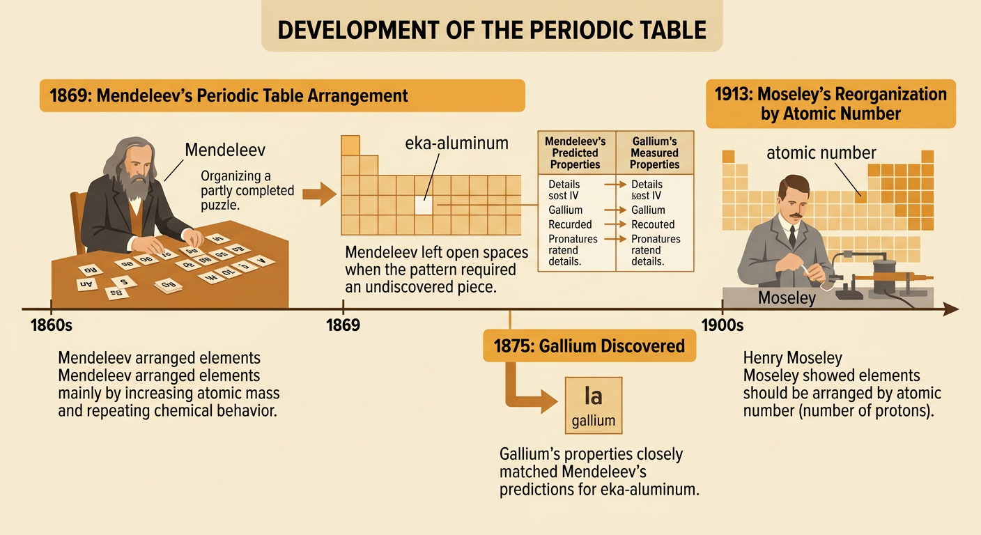 A historical timeline shows Mendeleev's table gap, the discovery of gallium, and Moseley's change to atomic-number order.