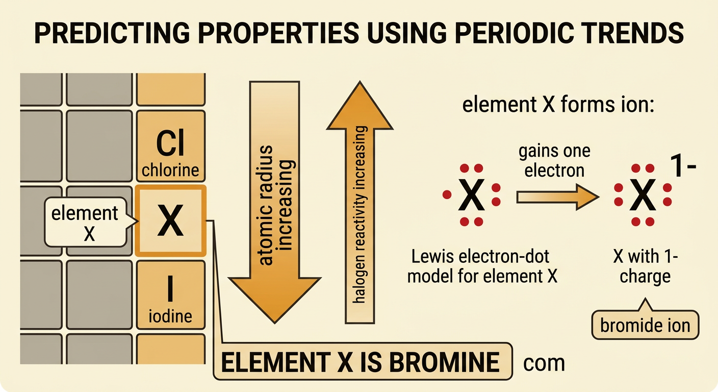 A highlighted Period 4, Group 17 square identifies element X as bromine between chlorine and iodine.