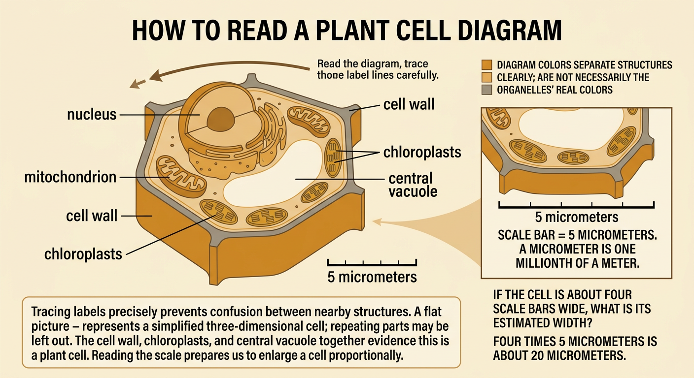 A labeled plant cell diagram includes recognizable organelles and a scale bar beneath the cell.
