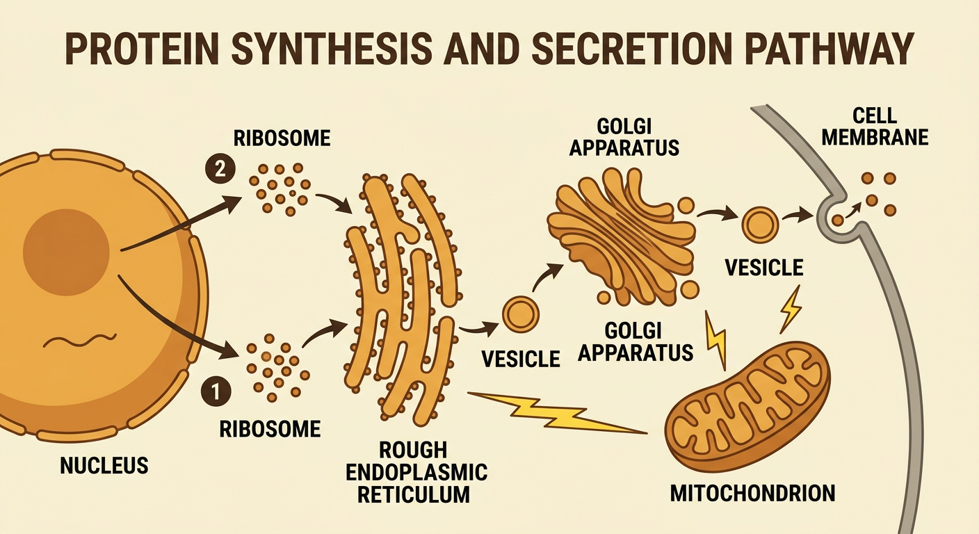 A numbered arrow pathway traces a protein from its instructions in the nucleus to release through the cell membrane.