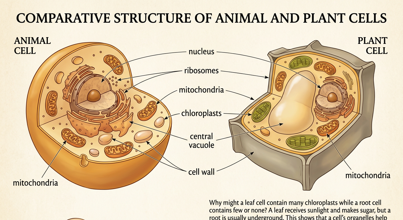 A plant cell and an animal cell are shown side by side with their major structures visible.
