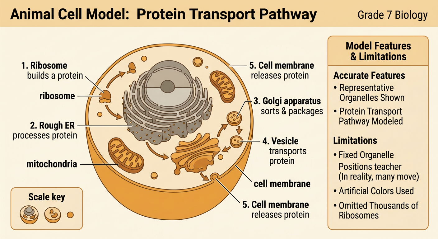 A student cell model shows a labeled protein pathway, energy supply, and a note identifying model limitations.
