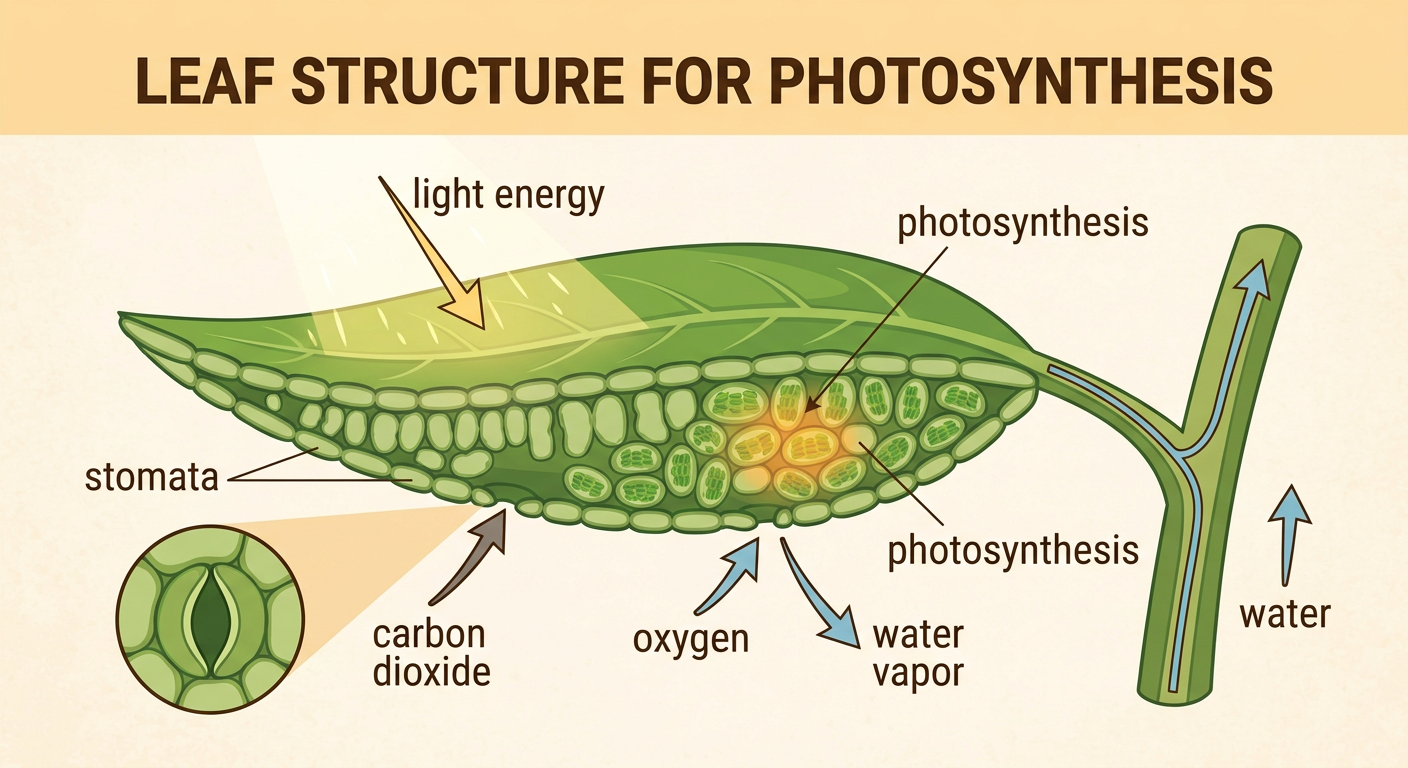 A broad green leaf in sunlight shows gases and water moving through its stomata during photosynthesis.