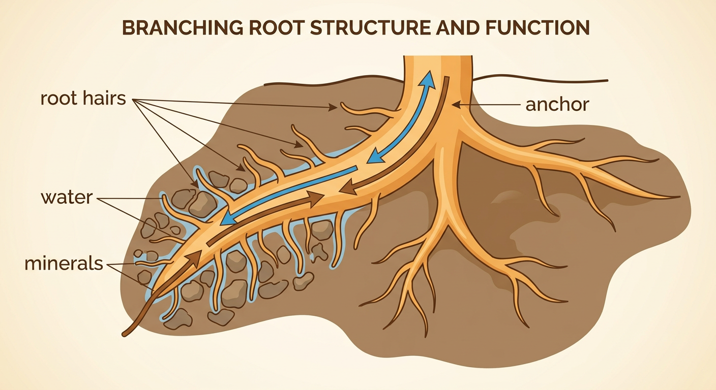 A bean seedling has branching roots and tiny root hairs spreading through moist soil.