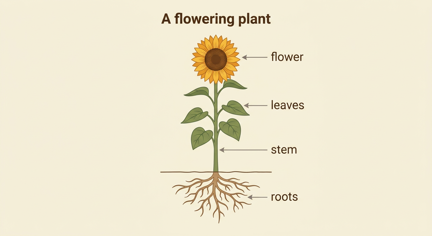 A whole sunflower shows its underground and aboveground structures in sunlight.