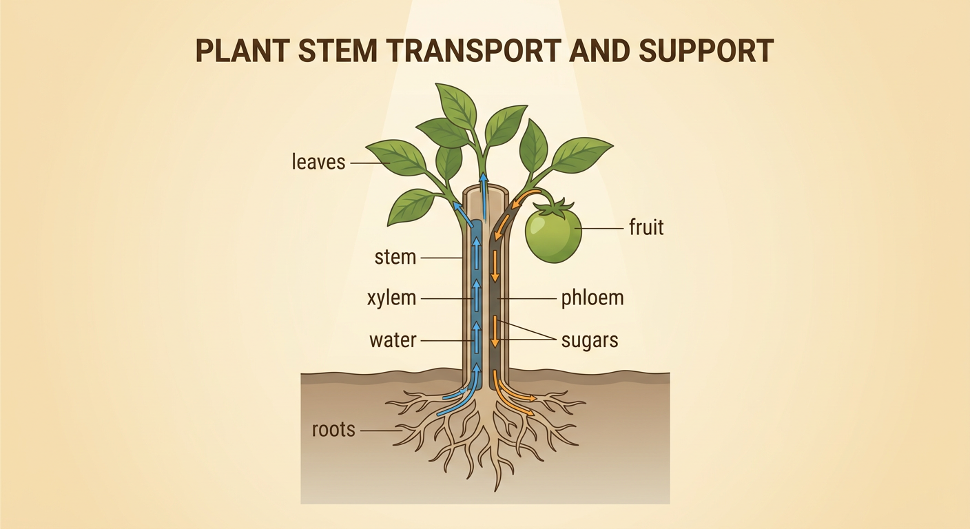 A cutaway tomato stem shows xylem moving water upward and phloem moving sugars toward a fruit.