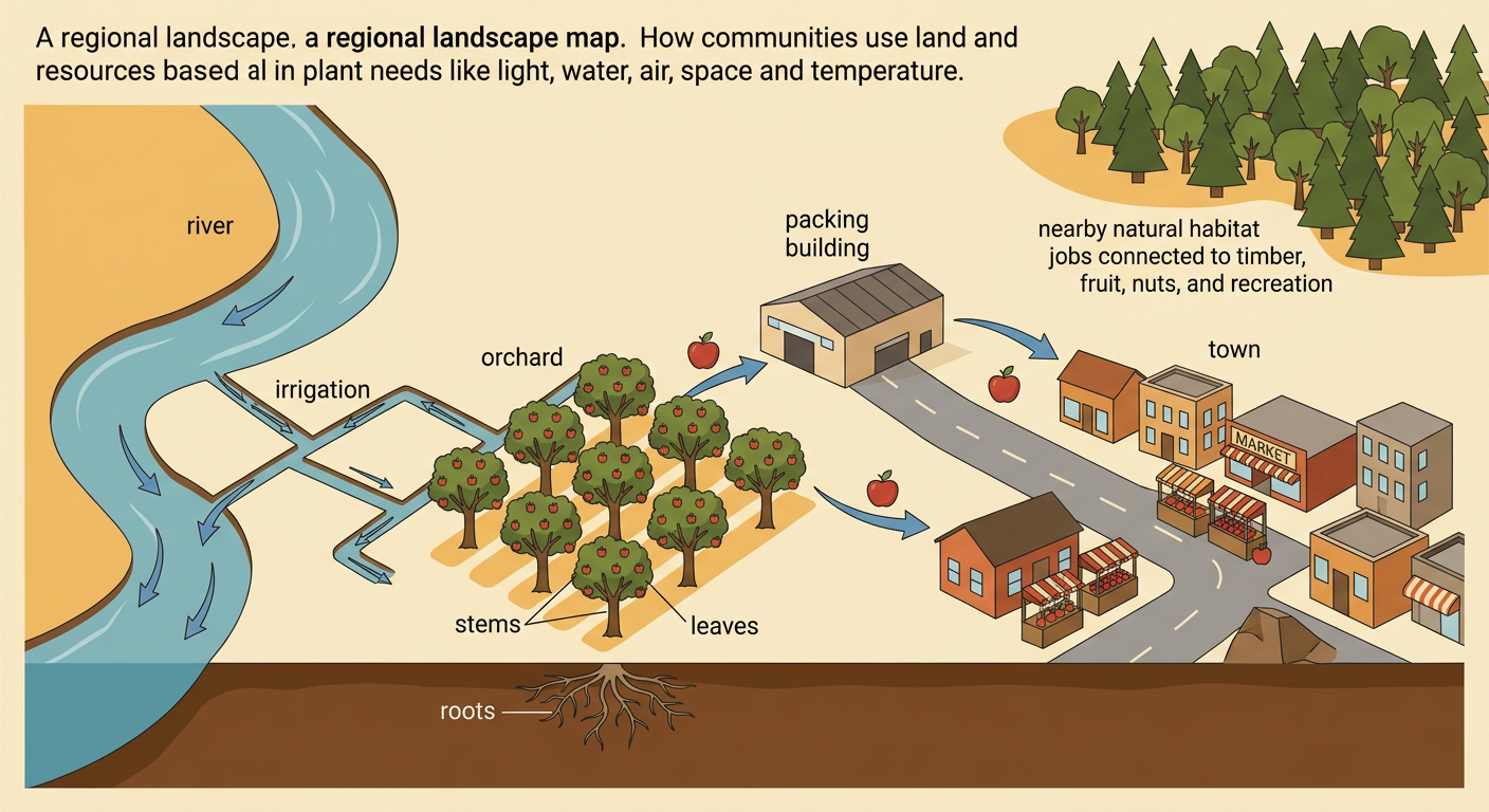 An apple-growing community uses irrigation in an orchard near homes, wildlife habitat, markets, and roads.