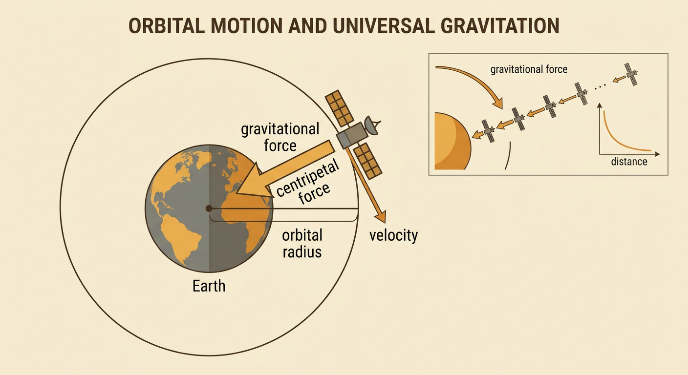 A circular-orbit force diagram balances Earth’s attraction with the required inward force on a satellite.
