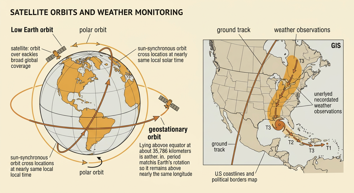 A global mission map compares major satellite paths, a fixed weather satellite, and mapped Earth observations.