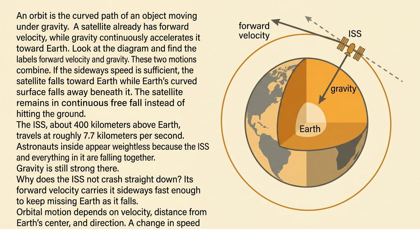 A satellite falls around curved Earth as arrows show its sideways motion and inward acceleration.