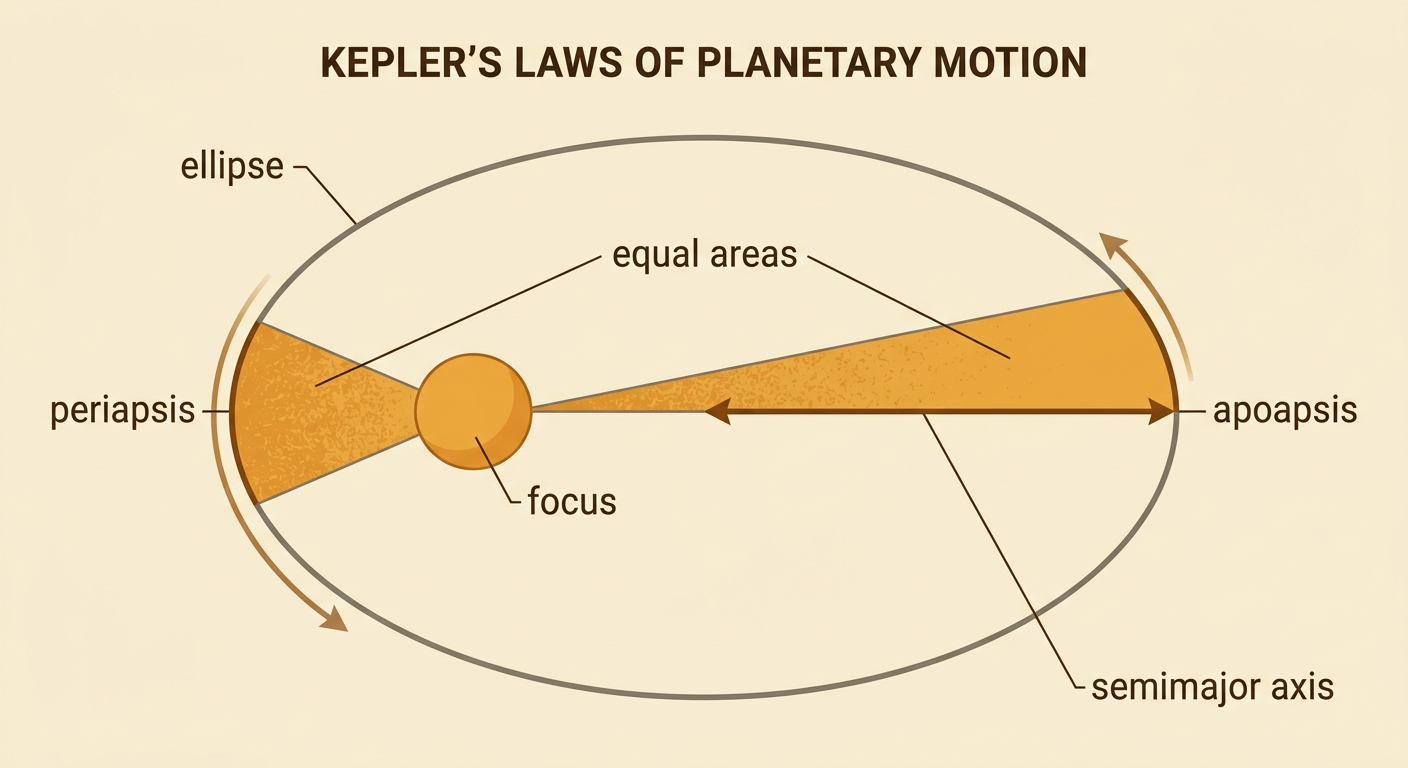 An elliptical orbit shows its focus, closest and farthest points, and two equal swept areas.