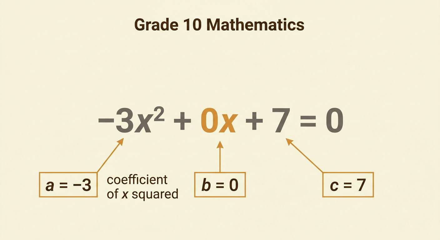 The equation −3x² + 0x + 7 = 0 is color-coded to connect each term with a, b, and c.