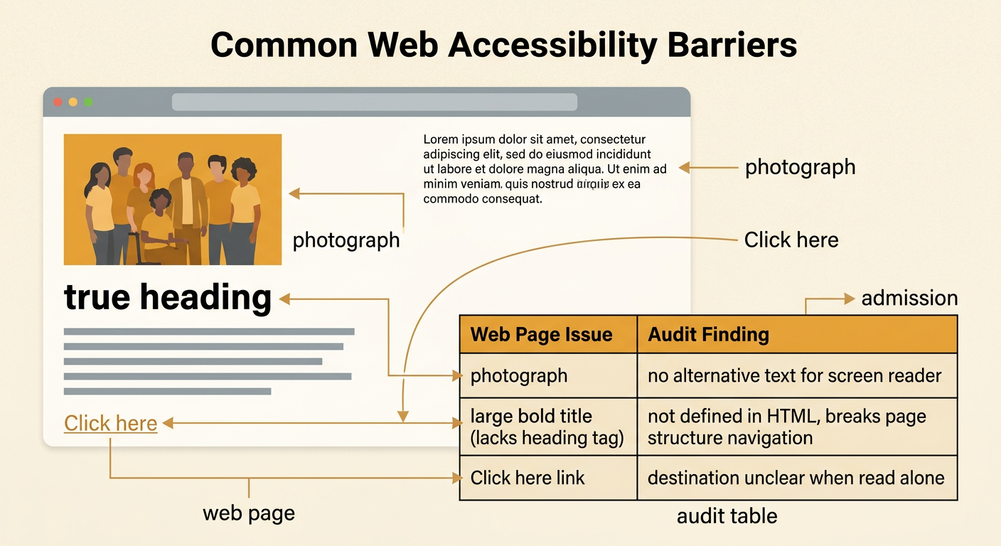 A school club web page displays an unlabeled photograph, a visually enlarged title, a vague link, and an accessibility audit table.