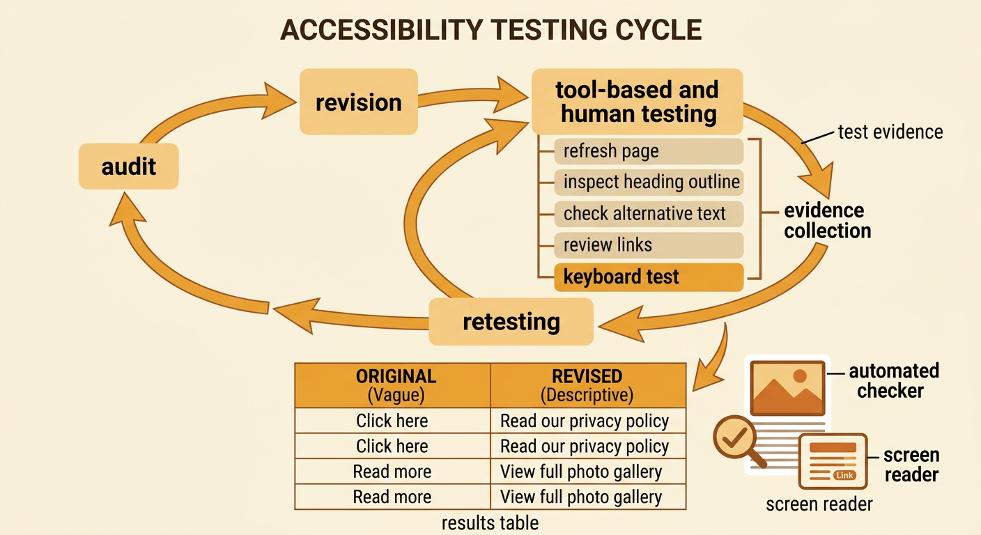 An accessibility testing workflow connects keyboard navigation, a screen reader, an automated checker, and documented results.