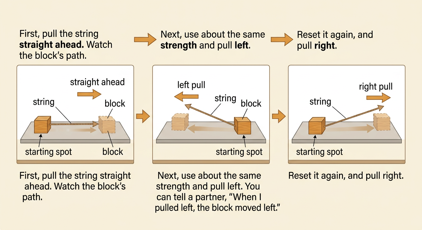 A low string pulls one block straight ahead, left, and right from the same starting spot.