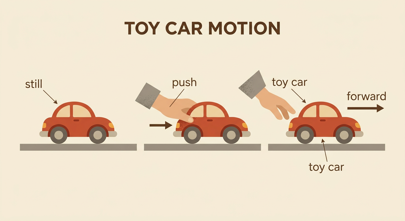 A hand pushes a still toy car forward across a level floor.