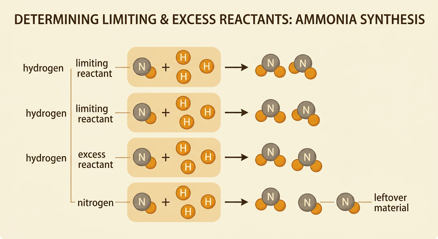 An ammonia reactor diagram shows hydrogen running out after reacting with four of five moles of nitrogen, leaving nitrogen unused.