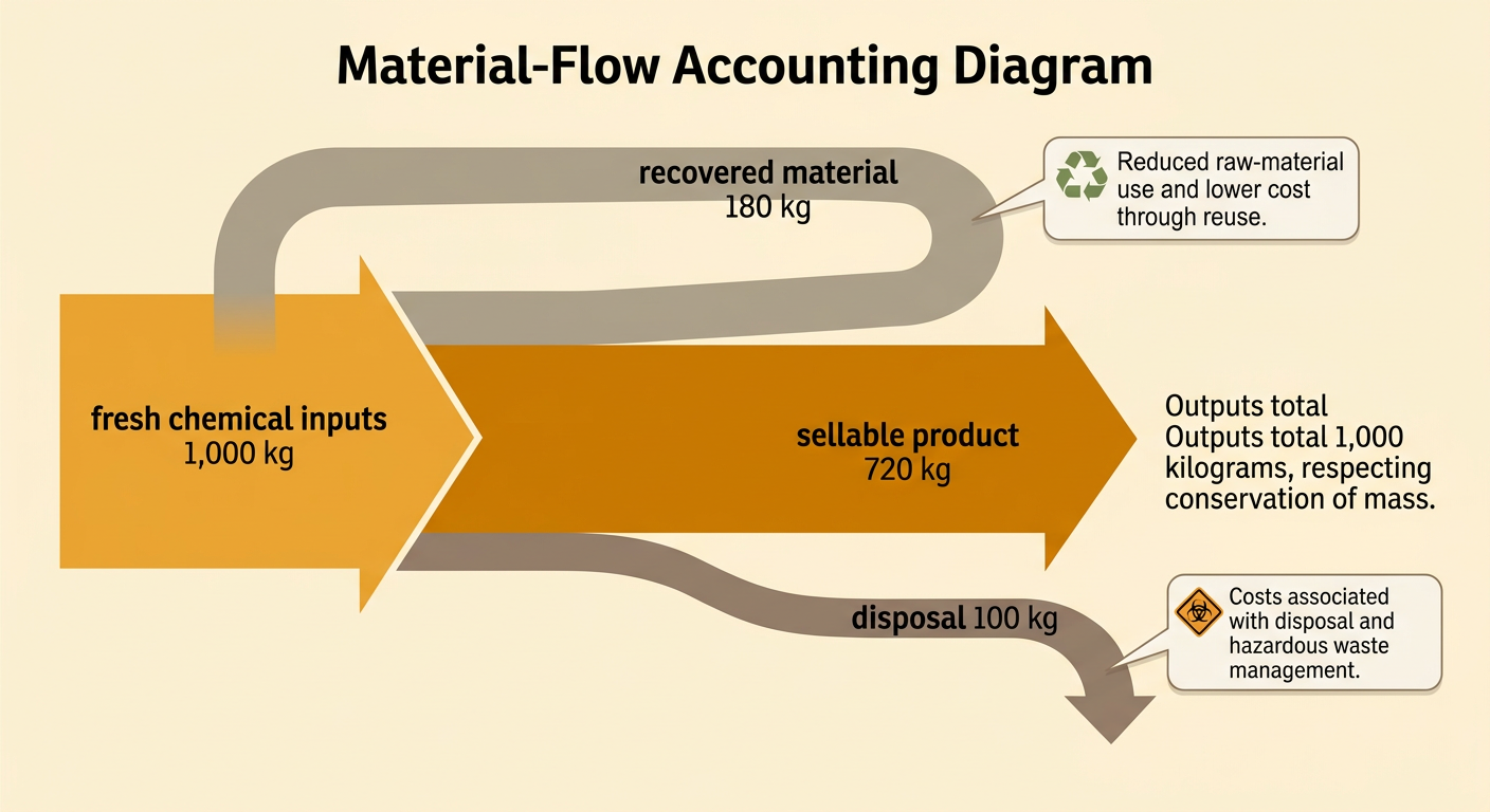 A mass-flow diagram divides 1,000 kilograms of chemical inputs into product, recovered material, and disposal while showing policy effects around the plant.