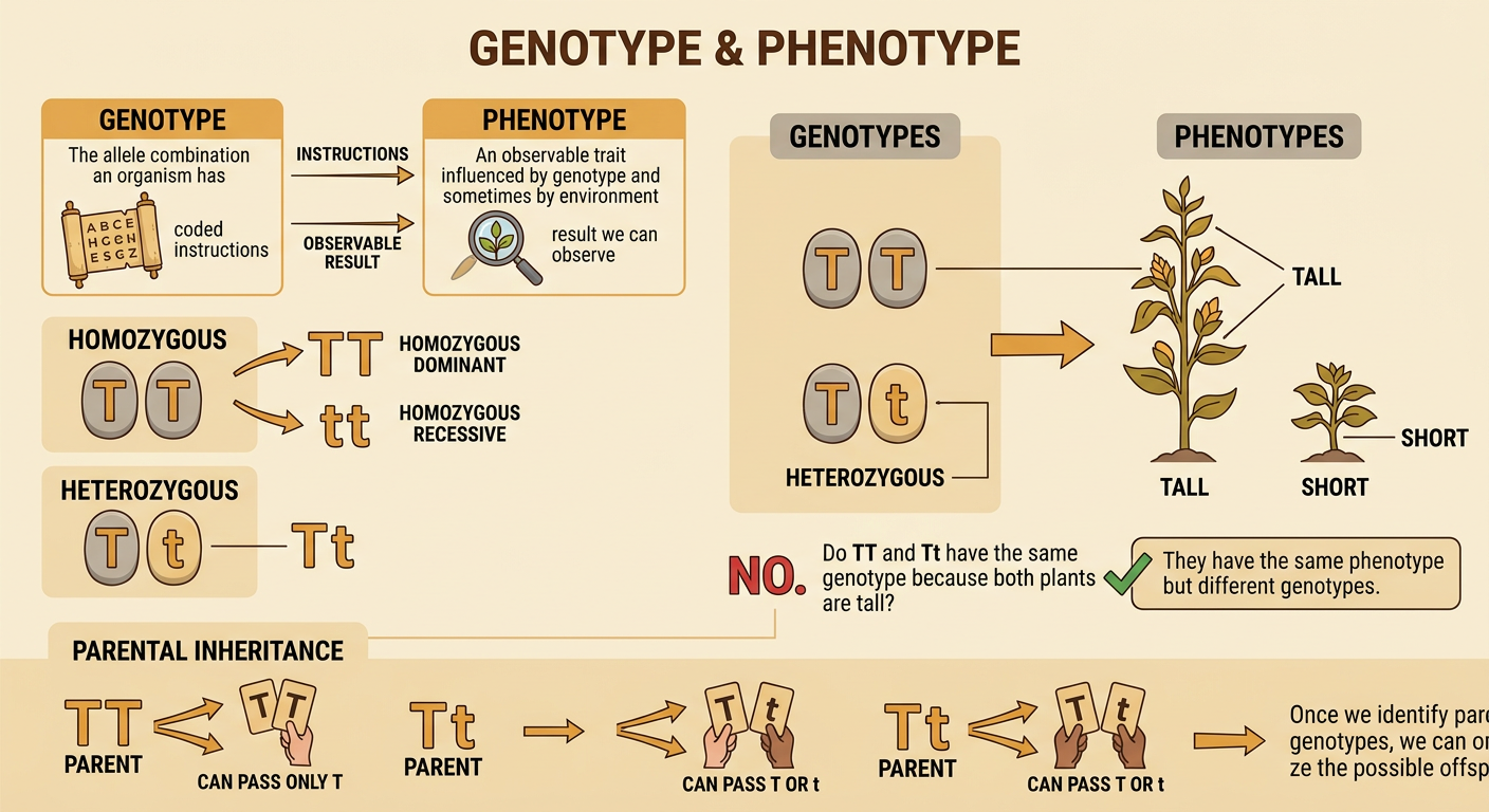 Three plants compare the TT, Tt, and tt genotypes with their tall or short phenotypes.