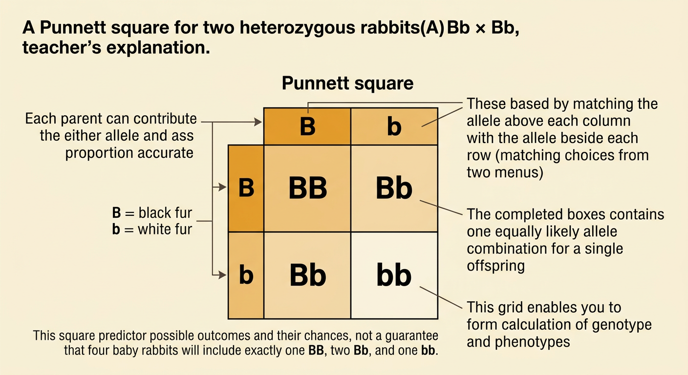 A completed two-by-two Punnett square shows the cross Bb × Bb for rabbit fur color.
