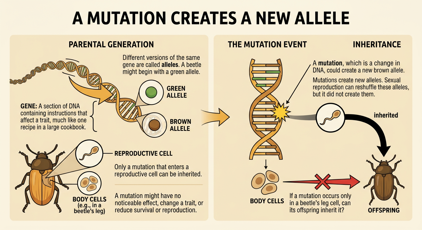 A beetle pigment gene diagram shows a mutation creating a brown allele from a green allele and distinguishes reproductive cells from a leg cell.