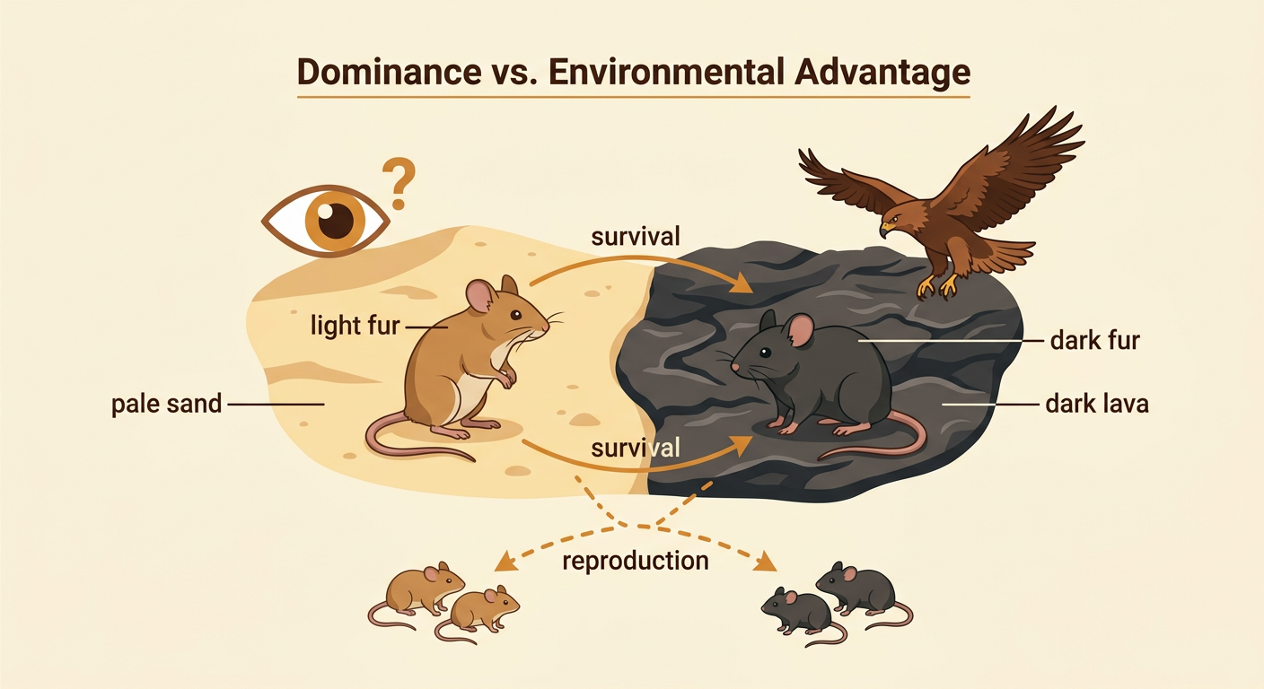 Light- and dark-fur mice are shown against pale sand and dark lava to compare camouflage advantages.