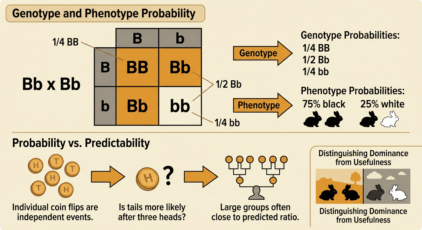 A Punnett square for a Bb × Bb rabbit cross shows genotype and fur-color probabilities.
