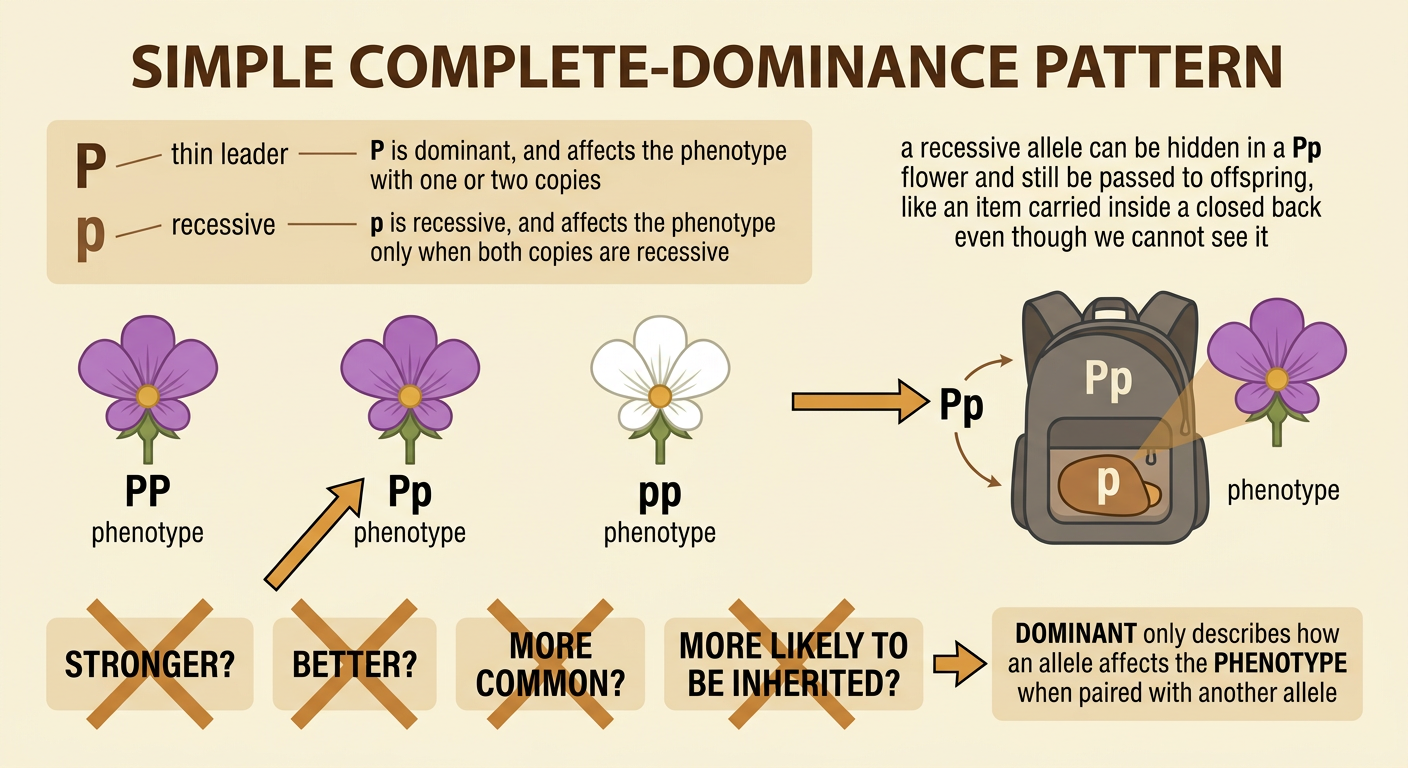 Three flowers compare the purple PP and Pp genotypes with the white pp genotype.