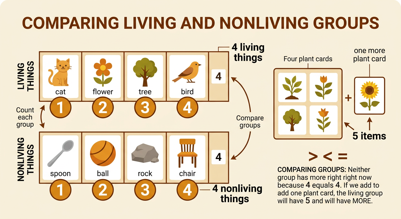 Two sorted groups each contain four picture cards, with one extra plant card ready to make five in the living group.