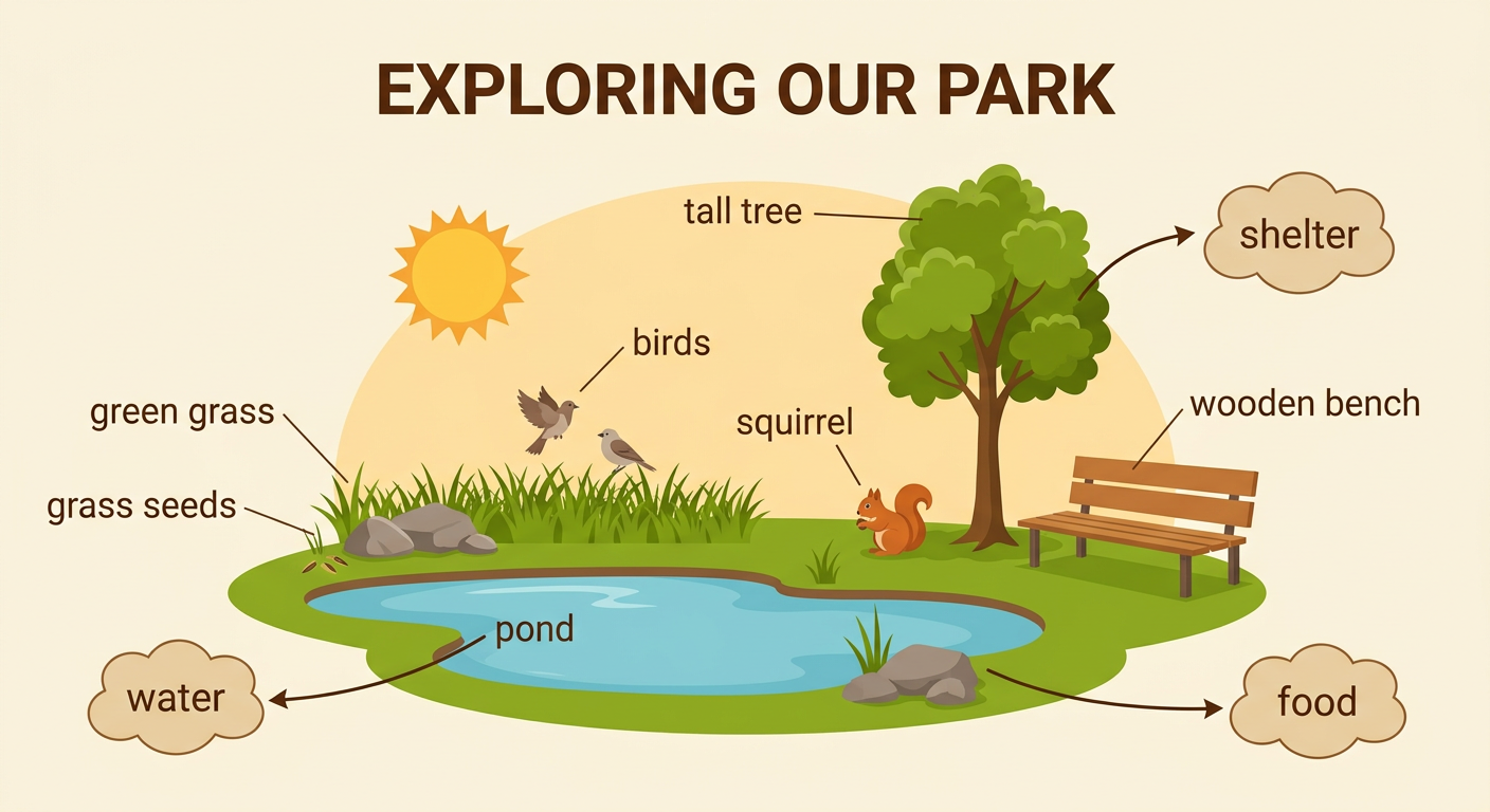 A sunny park contains green grass, a tall tree, two birds, a squirrel, a wooden bench, rocks, and a pond.