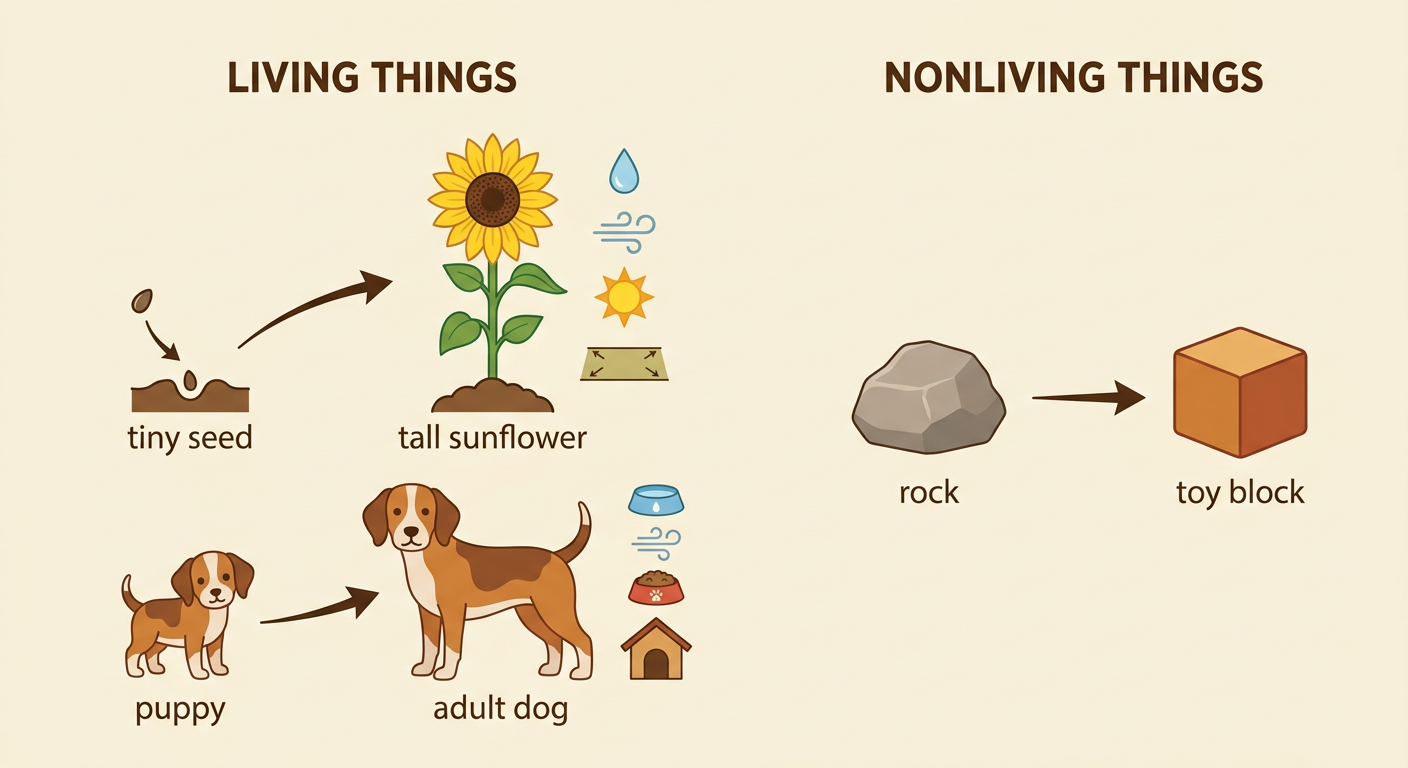 A tiny seed grows into a tall sunflower, a puppy grows into an adult dog, and a rock stays unchanged beside them.