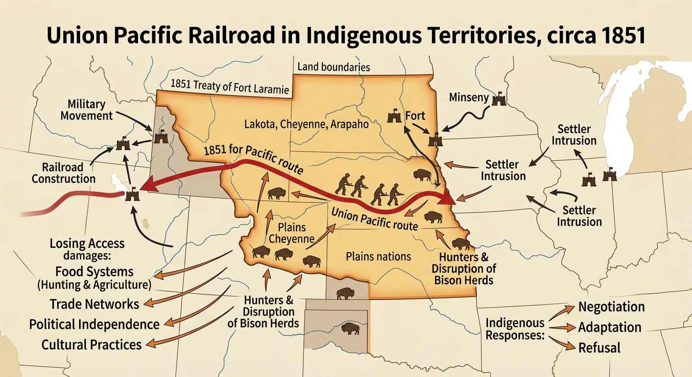A historical map overlays the Union Pacific route on treaty lands used by Plains nations and bison herds.