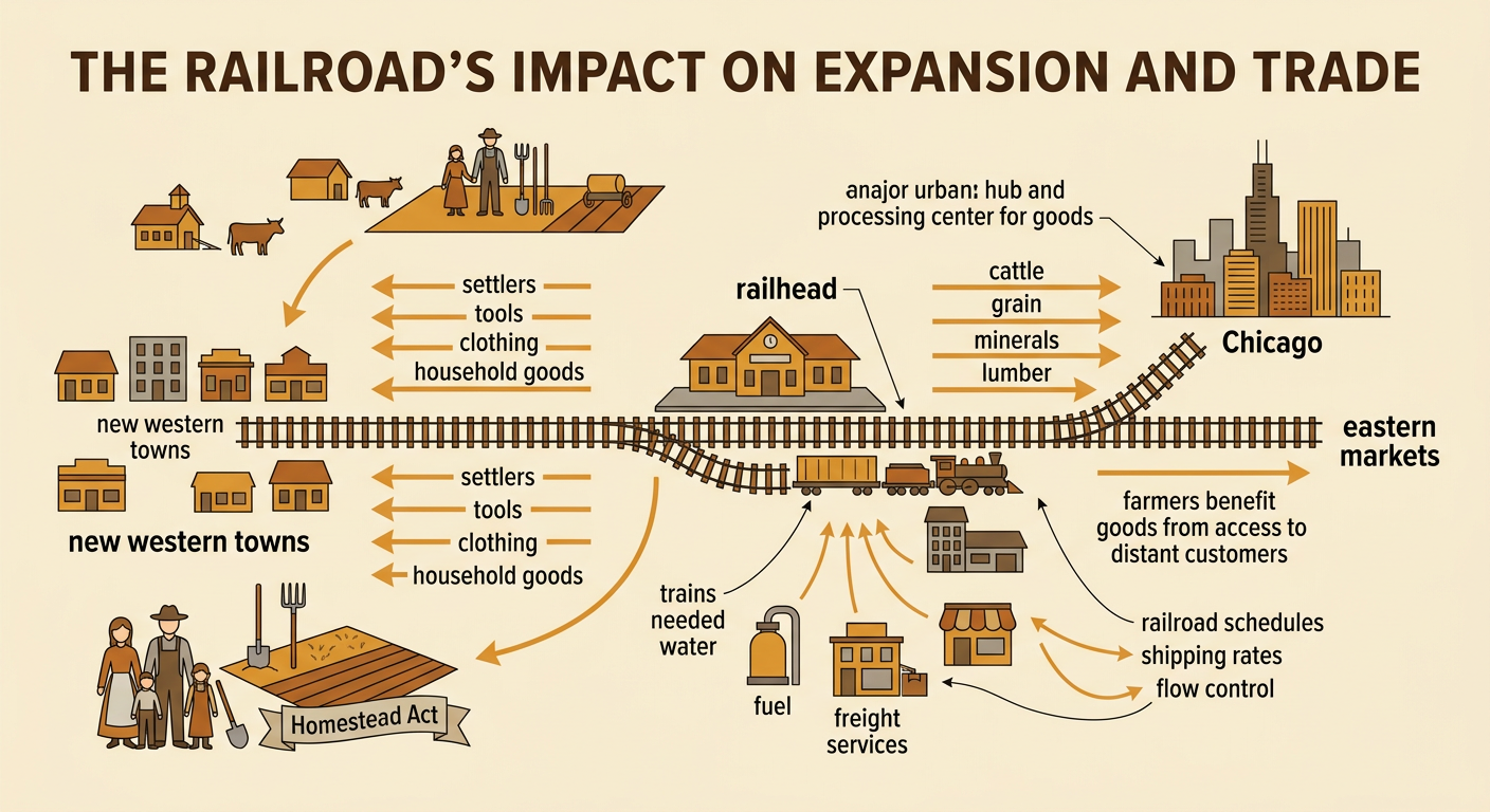 A transportation map shows cattle and western products moving through a railhead to Chicago as supplies move into new western towns.