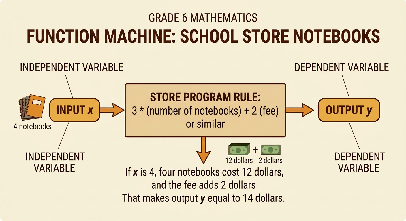 A store input-output diagram shows four notebooks passing through a pricing rule to produce a total cost of $14.