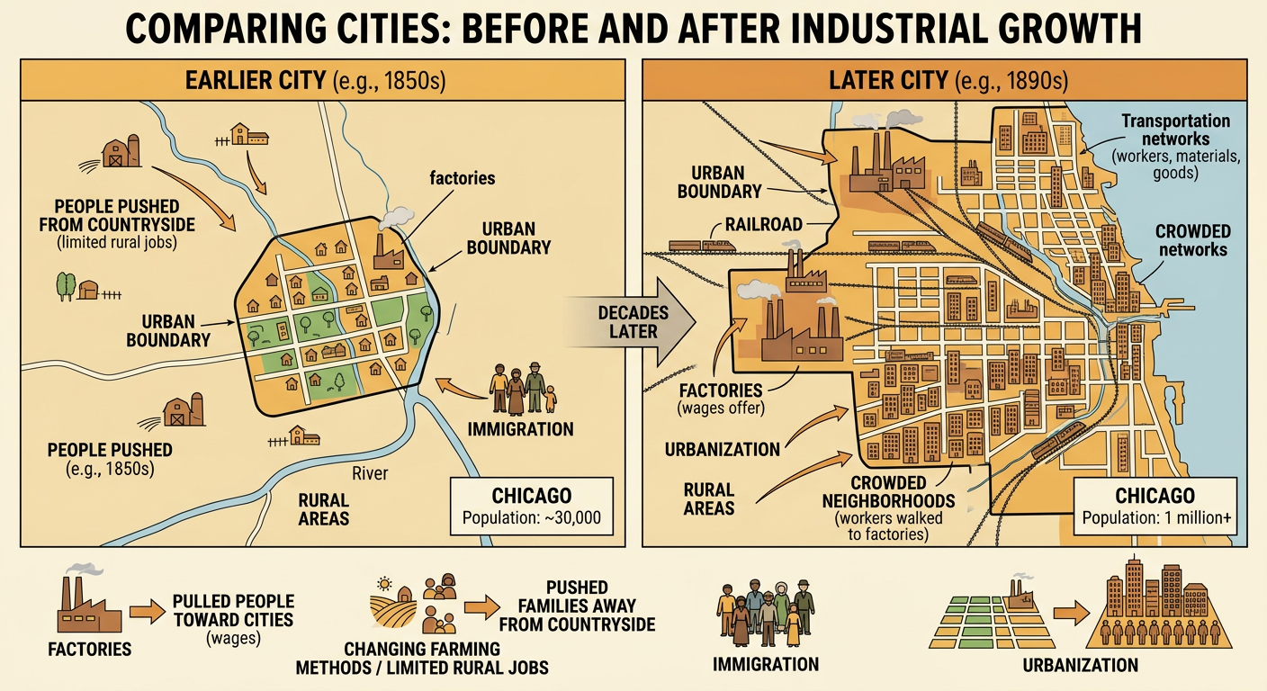 A historical city scene shows Chicago expanding around factories, rail lines, crowded housing, and arriving families.