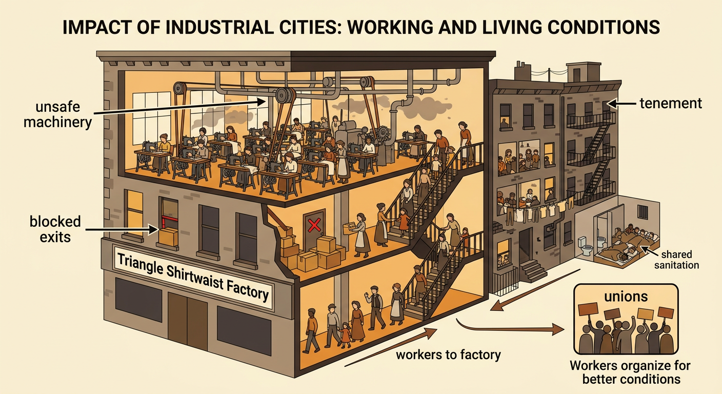 A cutaway view of an industrial neighborhood shows workers beside dangerous machines, a crowded tenement, and blocked fire exits.