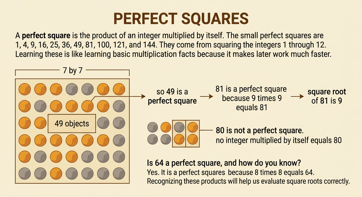 A labeled 7-by-7 square array shows that 49 is a perfect square.