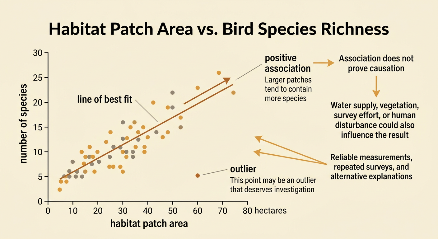 A scatter plot shows species counts increasing with habitat patch area, plus a best-fit line and one outlier.