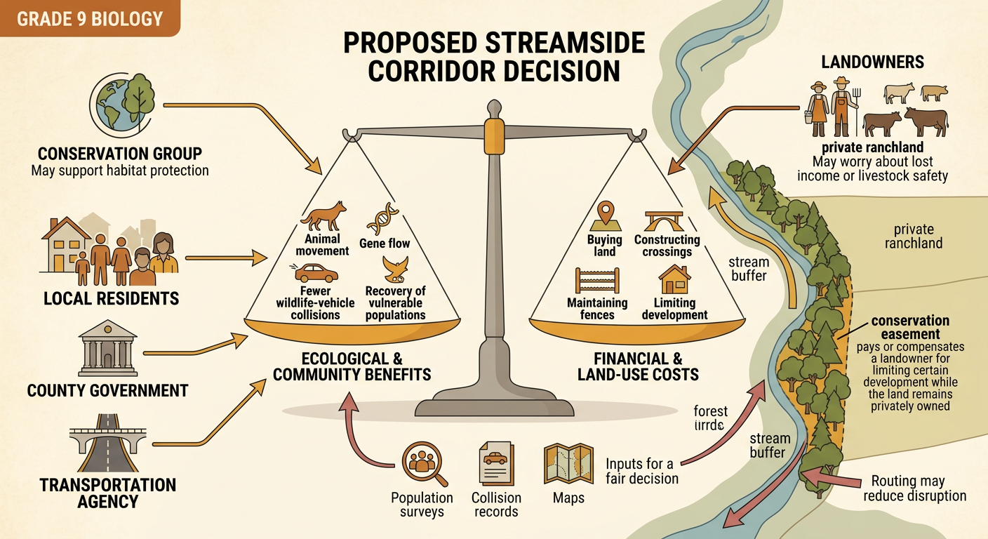 A proposed forest corridor follows a stream buffer across private ranchland under a conservation easement agreement.