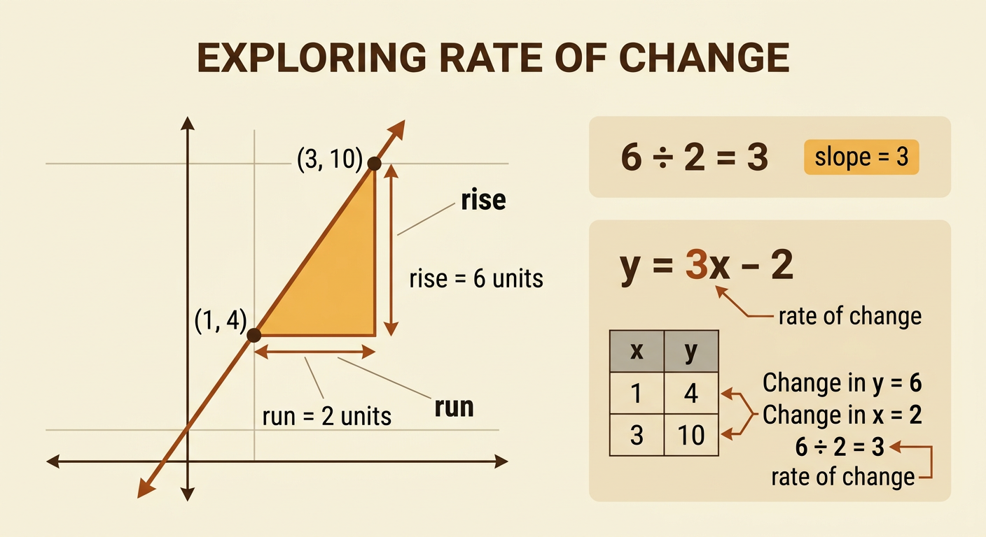 A single diagram connects y = 3x - 2, two table points, and a graph triangle showing a vertical change of 6 and a horizontal change of 2.