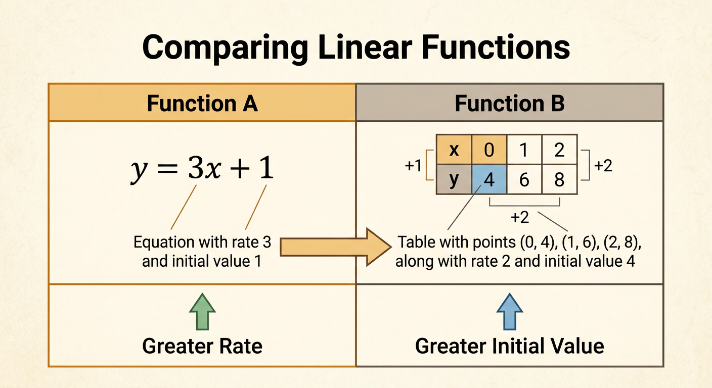 A side-by-side comparison shows Function A as y = 3x + 1 and Function B as a three-row table with their rates and initial values.