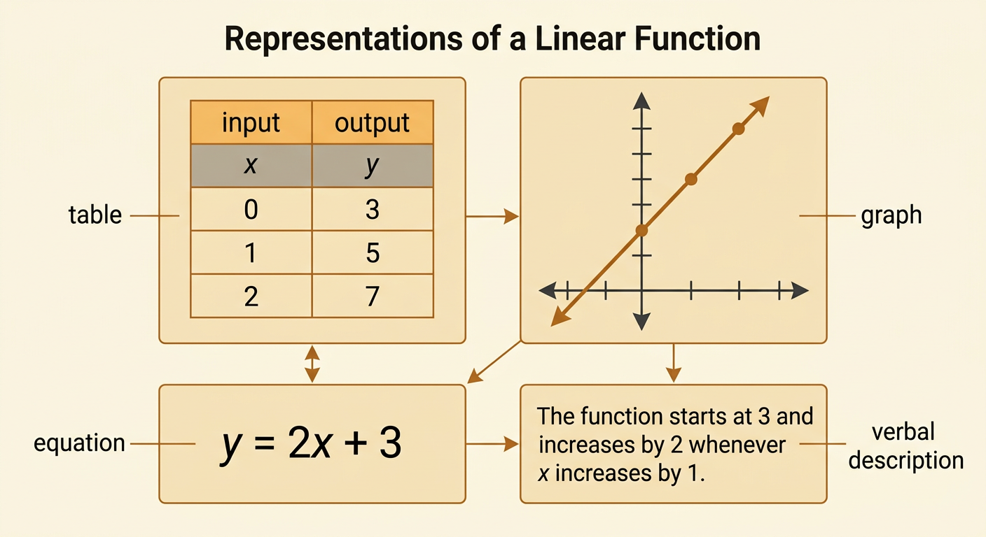 A connected diagram shows y = 2x + 3 as an equation, a table, a straight-line graph, and a matching verbal description.