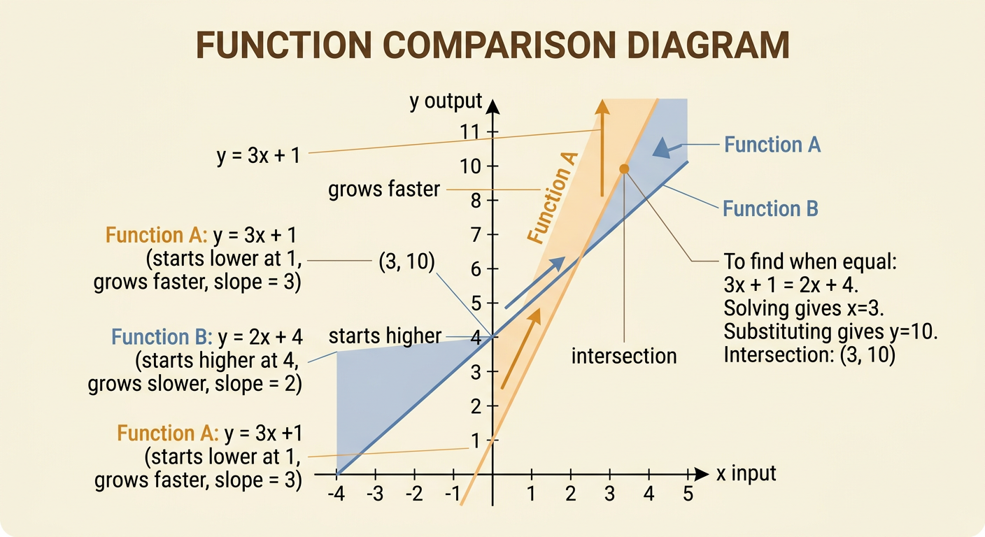 Two lines show Function B starting higher, Function A growing faster, and both meeting at the point (3, 10).