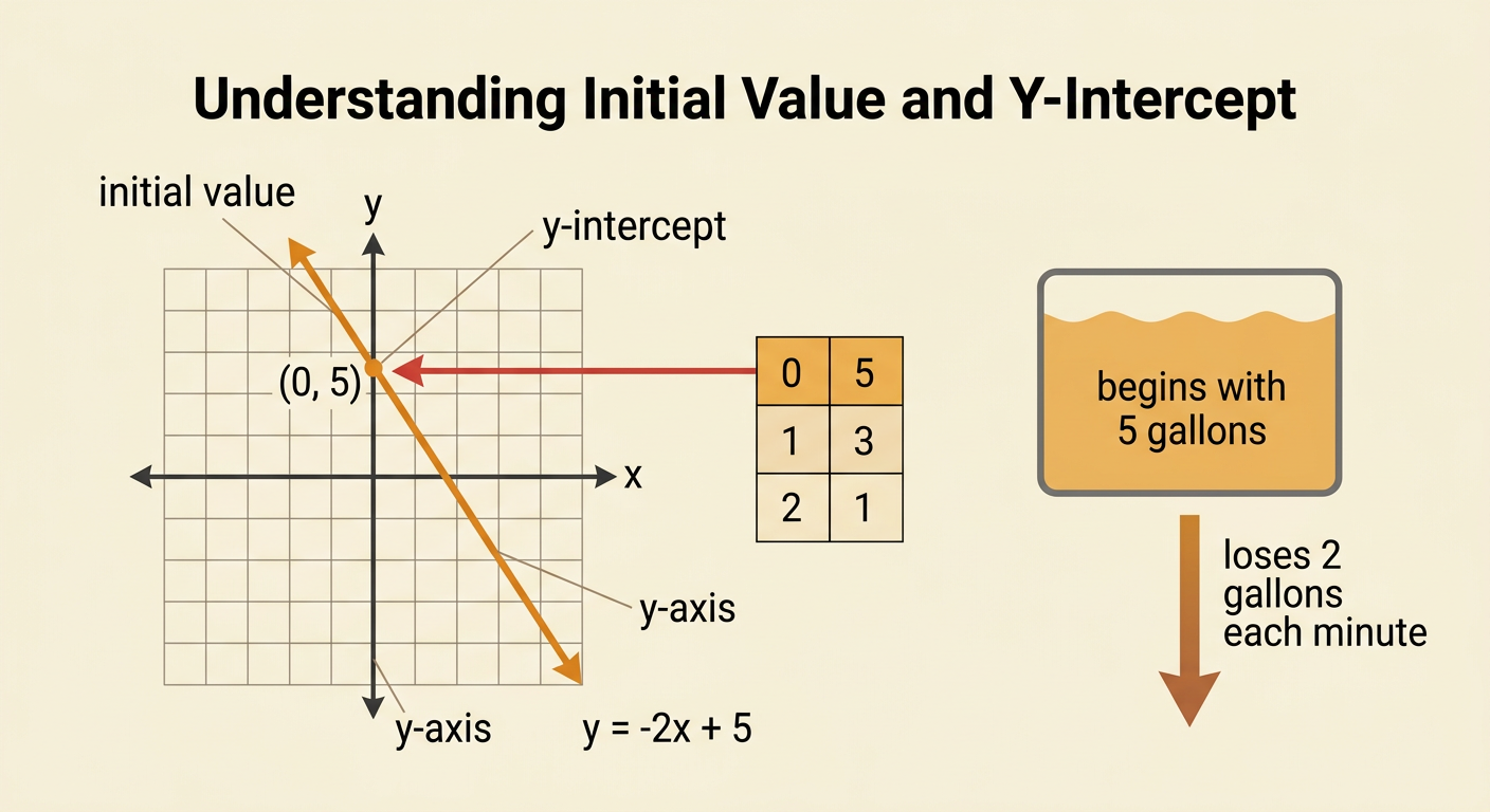 A tank diagram links y = -2x + 5 to a table and a descending line crossing the y-axis at 5.