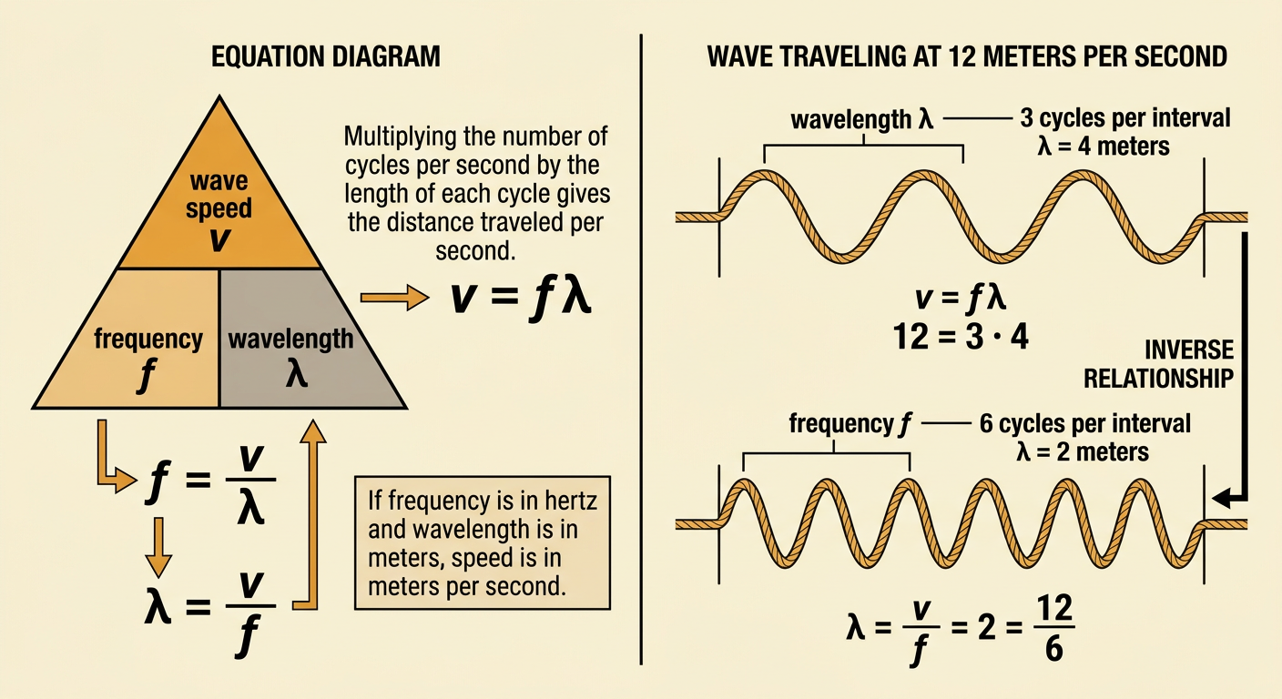A rope-wave calculation diagram uses the wave speed equation to compare wavelengths at 3 hertz and 6 hertz.