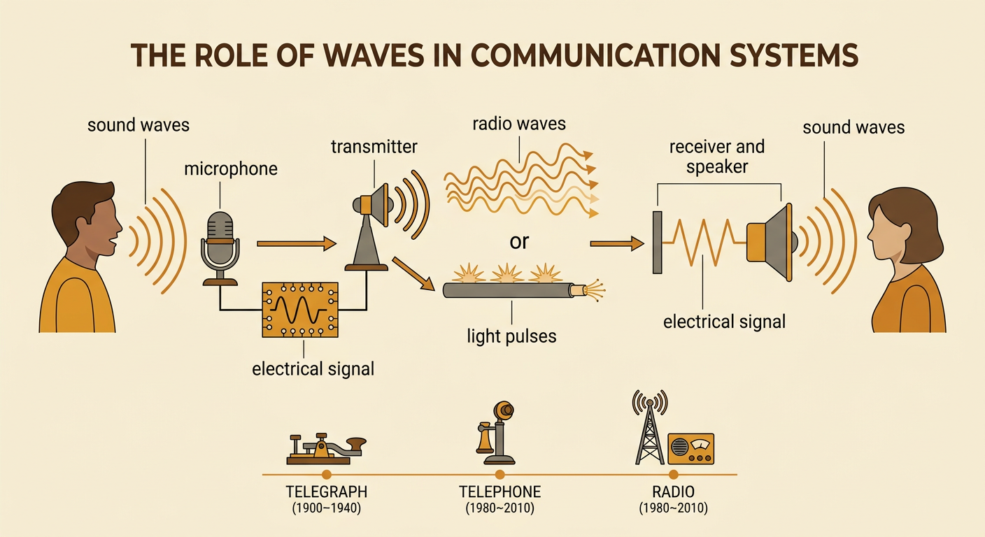 A communication chain converts a voice into signals, transmits them through a network, and reconstructs sound at a receiver.