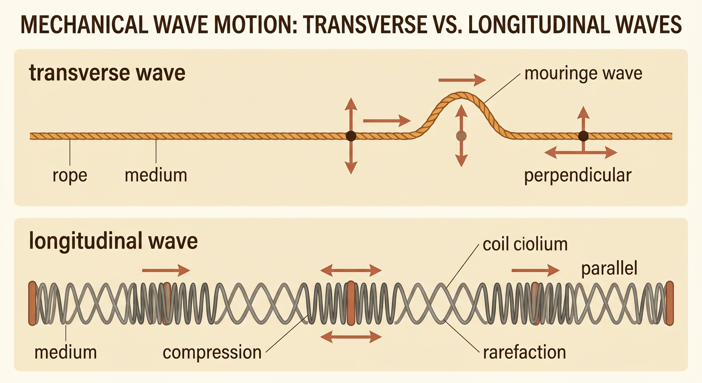 A rope and a spring demonstrate transverse and longitudinal waves, including compressed and spread-out regions.